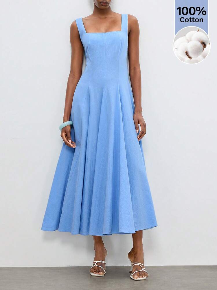 SHEIN Maija Cornflower Blue,Summmer,Elegant,Tea Party Sleeveless Backless Tie-Up Waist Cinched Dress,Women's 100% Cotton Urban Resort Holiday Graduation Outfits