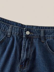 VeloEdit 男士灰色做舊牛仔寬鬆短褲 Jorts，純色深色水洗，附口袋、拉鍊與鈕扣，老錢風與男友風，夏季穿搭短褲 - 深色水洗藍 - 查看 3