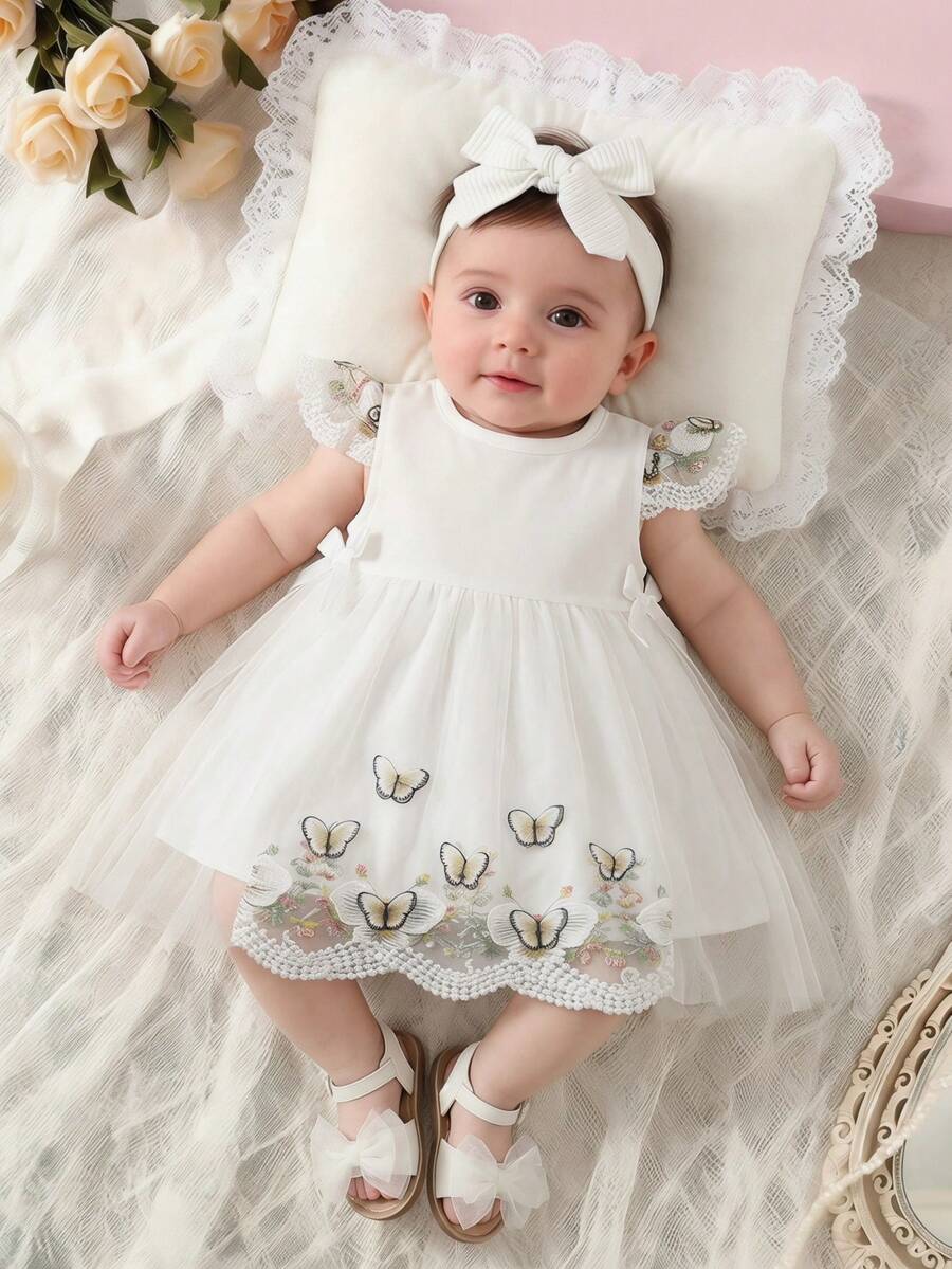 Souflis Souflis Baby Girl Round Neck Bow Decor Butterfly Pattern Casual Party Dress - White - View 1