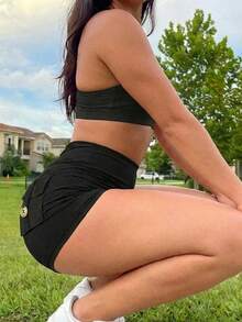 Slayform Women's Black Knitted Fabric Cargo Sports Shorts With Pockets Short Length Plain Design Y2k Katseye Workout Weight Loss Glowmode - Black - View 3
