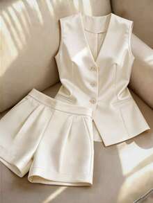 Conjunto de chaleco y pantalones cortos de satén francés elegante para mujer - Albaricoque - Ver 1