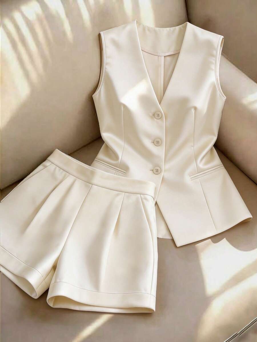 Conjunto de chaleco y pantalones cortos de satén francés elegante para mujer - Albaricoque - Ver 1