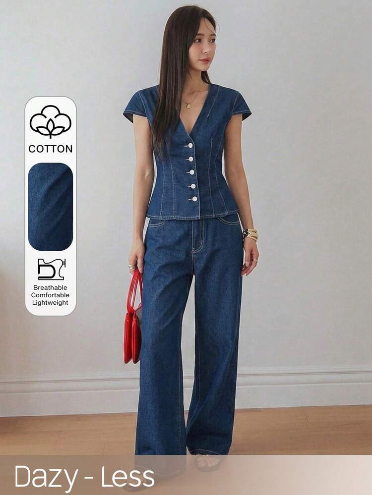 Women's V-Neck Fitted Waist Loose Casual Jeans Suit, Suitable For Spring And Summer, Commuting And Light Business Wear