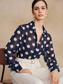 Anewsta Áo sơ mi dài tay bằng vải chiffon chấm bi kiểu Pháp cổ điển, thanh lịch, chất liệu cao cấp, đa năng, phù hợp cho công sở và du lịch. - Xanh đậm - Xem 3