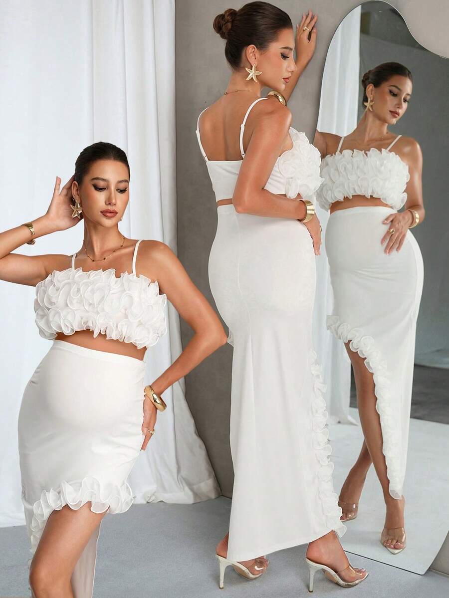 MaterniChic Set de 2 piezas de top de tirantes con volantes y falda asimétrica con cintura ajustable para maternidad