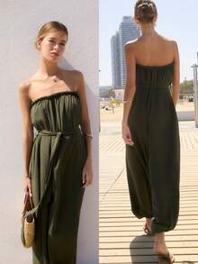Nöista Bộ jumpsuit màu xanh ô liu không dây, hở vai, điểm nhấn là phần cổ áo được tết bím và thắt lưng vải cùng màu để tôn dáng. Hoàn hảo cho mùa hè, mùa xuân, đi biển, tiệc bể bơi, phong cách boho, lễ hội mùa hè, hoặc mặc hàng ngày. - màu xanh lá - Xem 1