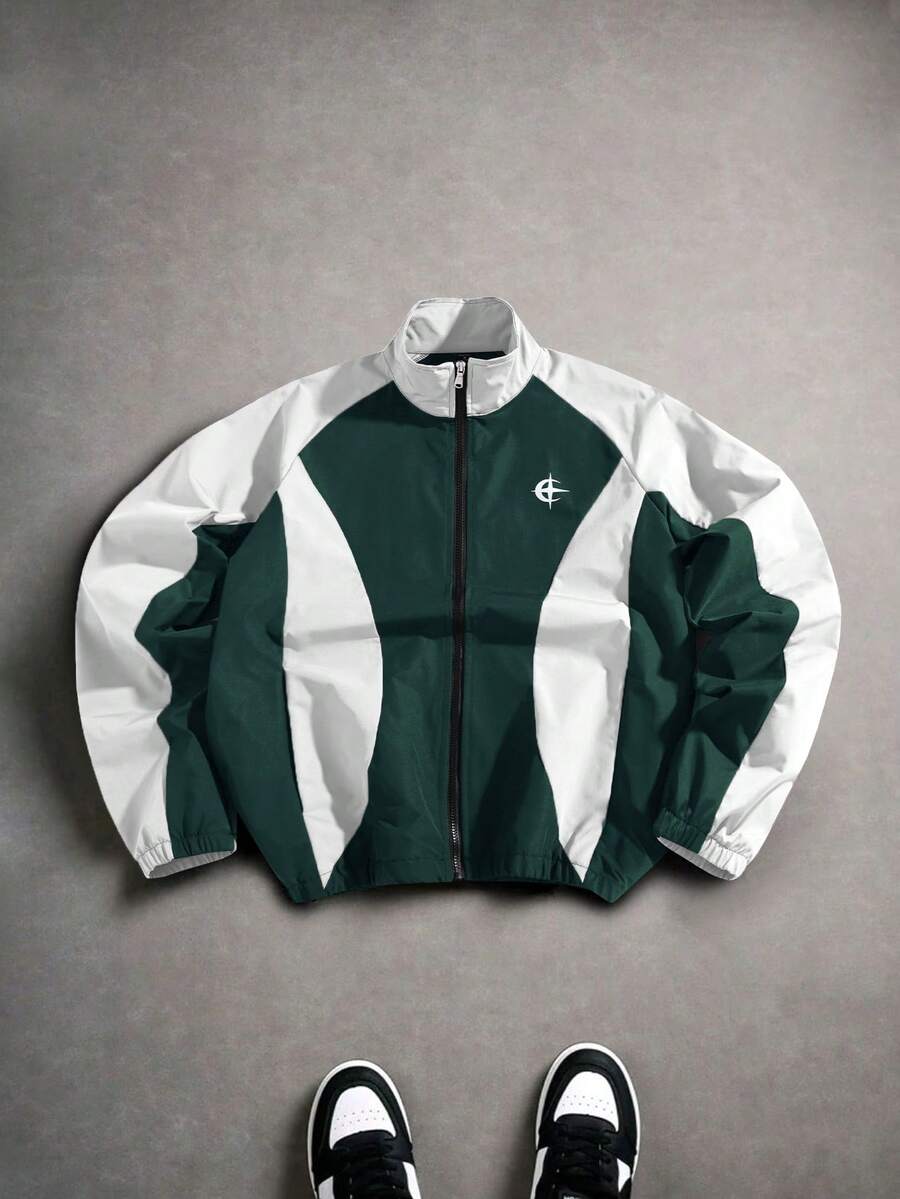 Manfinity EMRG Men's Dark Green Streetwear Graphic Print Sports Jacket,Autumn Stand Collar Zip-Up Patchwork Racing Jacket,Suitable For Hiking,Outdoor,Casual Wear - Green - View 1