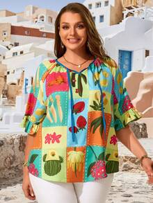 EMERY ROSE Plus Size Women's Summer Beach Vacation Style Patchwork Print Tie Neck Ruffle Sleeve Loose Blouse - Multicolor - View 4