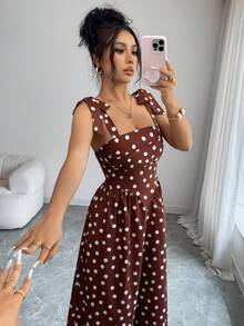 Rafferiza Đầm nữ thời trang thanh lịch, kiểu dáng dây mảnh, thắt nơ, xẻ tà, họa tiết chấm bi, thích hợp cho kỳ nghỉ, đi làm hoặc dạo phố. - màu nâu - Xem 5