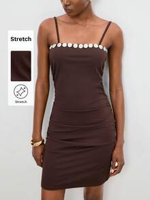 Maija Vestido mini ajustado de verano casual para mujer con decoración de botones - Marrón - Ver 9