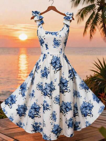 SHEIN Holidaya 女士新款优雅性感办公室外出度假通勤浪漫打底衫派对生日装演唱会装情人节装嘉年华装，女士夏季新款蝴蝶结吊带蓝色碎花长款方领A字连衣裙，撞色印花连衣裙，蓝白撞色连衣裙，撞色连衣裙，蓝色碎花连衣裙，肩带蝴蝶结连衣裙，3D蝴蝶结连衣裙，可爱连衣裙，后背系带腰连衣裙，女士度假连衣裙，女士休闲连衣裙，女士通勤连衣裙