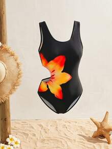 SHEIN 少女连体泳衣，花卉数码印花图案，涤纶面料，无袖连体裤，腰部镂空设计，适合海滩和泳池派对 - 彩色 - 查看 3