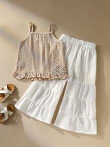 SHEIN Elladie kids 女童蕾丝吊带背心+阔腿裤两件套，复古休闲装，适合日常外出、野餐、海滩度假、短途旅行、生日派对、下午茶聚会、购物和公园游览。 - 杏色 - 查看 2