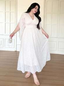 Vibekara Plus Size V-Neck Bell Sleeve Ruffle Hem Pleated Jacquard Fabric Elegant Vintage Cute Casual Dress For Women Fall - Apricot - View 6