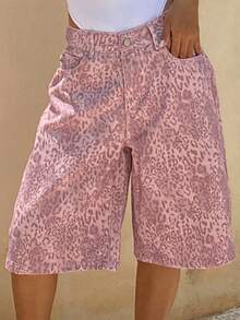 Livesso Shorts de Denim de Algodão Soltos com Estampa de Leopardo para Mulheres, Adequados para Festa, Praia, Férias, Verão - Rosa chiclete - Visão 5
