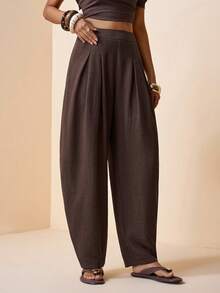 SHEIN PETITE CURVE Plus Size Women's Petite Brown Harem Pants, High-Waisted Elegant Casual Pants With Pockets, Boho Autumn Holiday Summer Formal Vacation - Brown - View 7