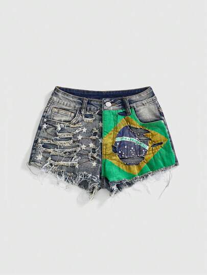 ROMWE Avant Quần short denim siêu ngắn cạp trễ in hình cô gái gợi cảm, phong cách cổ điển, lấy cảm hứng từ lễ hội âm nhạc Carnival Brazil thiên niên kỷ mới.