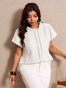 Elaquor Plus Size Casual Solid Color Hollow Out Embroidered Shirt - White - View 5