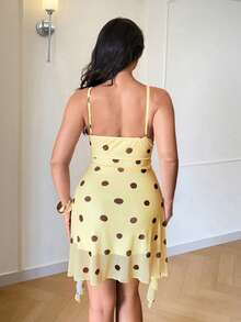 Auralis Plus Size Women's Yellow Summer Polka Dot Print Classy Vacation Mini Dress, Personalized Chic Elegant Y2K Style For Party, Bar, Prom, Commute Dress - Yellow - View 7