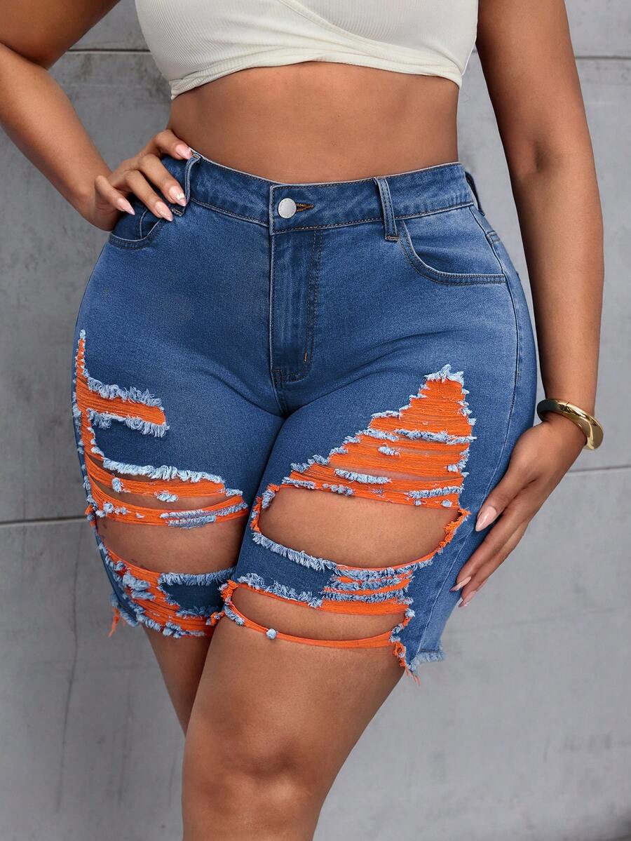 Slaydiva Plus Size Summer Fashion Distressed Slim Fit Denim Shorts - Medium Wash - View 1