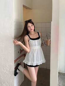 DAZY 女士格子撞色夏季蕾丝边吊带背心 - 白色 - 查看 3