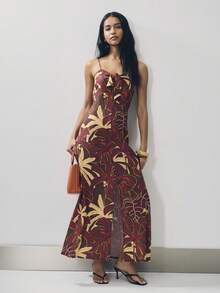 Nöista Tropical-Print Strappy Dress In Burgundy, Detail And Flattering Sweetheart Neckline. Perfect For Dinners, Events, Chic Everyday Wear, Poolside Afternoons, Seaside Walks, Resort Getaways, Music Festival, Holiday Outfit, Poolside Looks, Spring, Sunset Look And Beachwear. - Rust Brown - View 4
