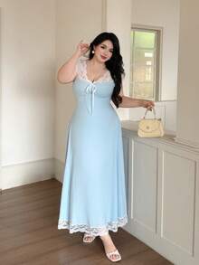 Vibekara Vestido formal de manga corta con bloque de color y cuello de diamante acanalado, para ocasiones formales, talla grande - Azul y blanco - Ver 5