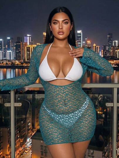 Swim SXY Plus Size Women Solid Color Hollow Design Long Sleeve Coverup Dress