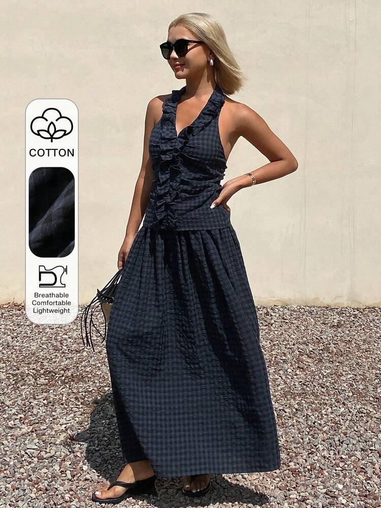 Plaid Tie-Waist Ruffle Halter Backless Crop Top & Long Flared Skirt Casual Summer 2-Piece Set For Women Lounge Sets For Women Short Sets For Women Vacation Outfits Women