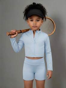 SHEIN Bộ 3 món thể thao mùa xuân/hè/thu cho bé gái, nhẹ nhàng, thoải mái gồm áo khoác cardigan cổ đứng có khóa kéo, áo vest ngắn cổ tròn và quần short ôm eo co giãn. - Màu xanh lam - Xem 5