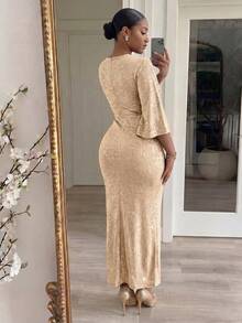 SHEIN Lady CURVE Đầm dự tiệc thanh lịch cổ chữ V, eo nhún, xoắn dành cho nữ cỡ lớn - Màu Khaki - Xem 2