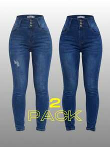 Women's High Stretch Stretch Jeans Tight Blue Set Double Set - Azul Medio Clásico y Azul Denim Intenso - View 1