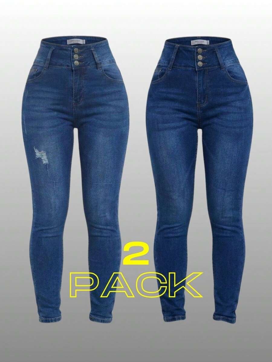 Women's High Stretch Stretch Jeans Tight Blue Set Double Set - Azul Medio Clásico y Azul Denim Intenso - View 1