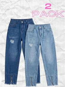 Set 2 Jeans Mom High Rise Pants Light Dark Dark Torn Ankle Closure - Índigo Clásico y Azul Cielo Deslavado - View 1