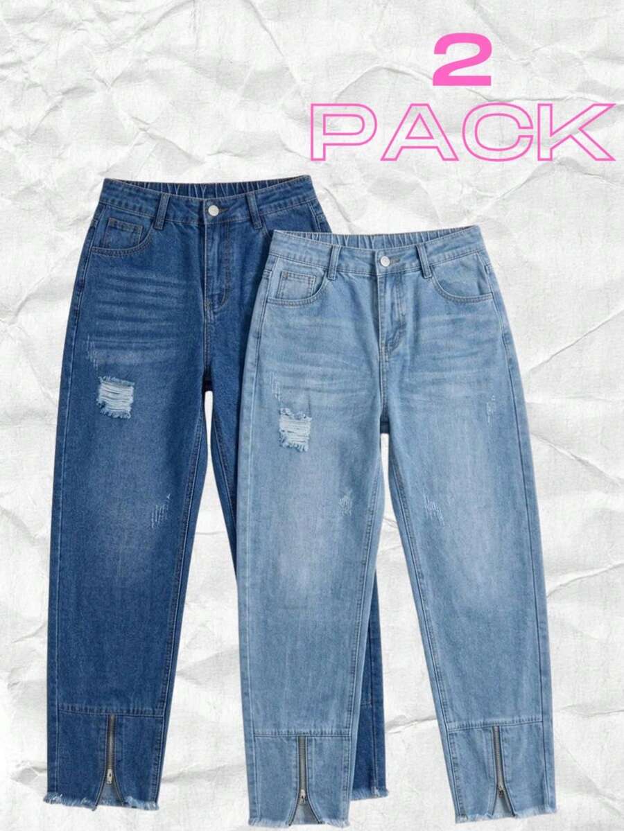 Set 2 Jeans Mom High Rise Pants Light Dark Dark Torn Ankle Closure - Índigo Clásico y Azul Cielo Deslavado - View 1