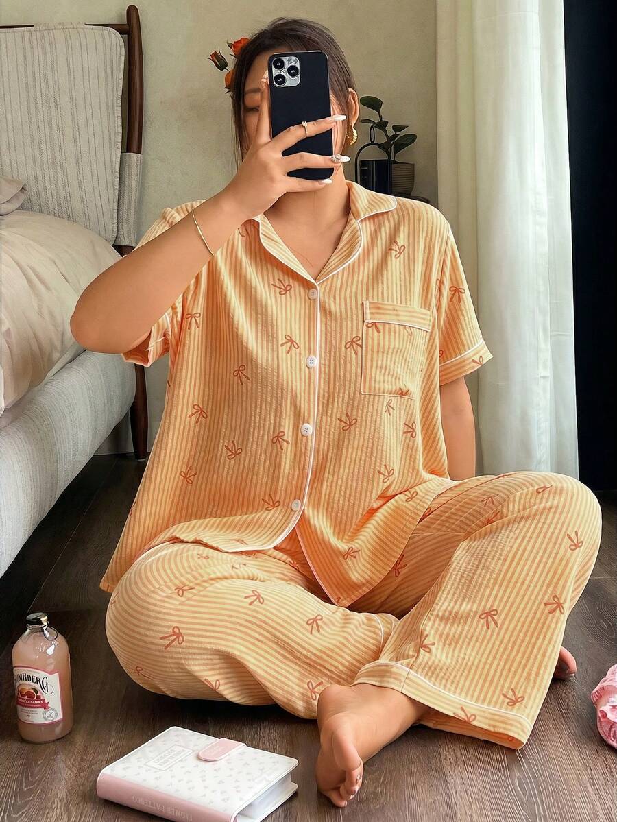 Napfluff CURVE Napfluff CURVE Plus Size Ruffled Collar Open Front Bow Striped Print Short Sleeve Pajama Set - Yellow - View 1
