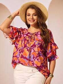 EMERY ROSE Plus Size Floral Print Knot Casual Ruffle Hem Blouse - Pink - View 1