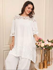 EMERY ROSE Plus Size Women Lace Patchwork Loose Suit. Elegant Casual, Commuting, Spring/Summer Party All White - White - View 4