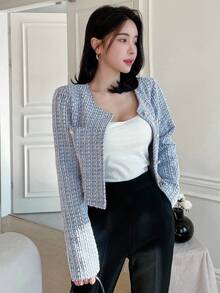 DAZY Plaid Pattern Short Round Neckline Open Front Long Sleeves Jacket - Blue - View 6