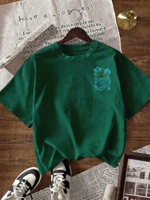 EMERY ROSE Women's Palm Tree Print Round Neck Short Sleeve T-Shirt - Dark Green - View 2