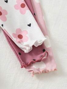 Cozy Pixies Newborn Baby Girl 6pcs Set: Heart Pattern Knit Soft Crew Neck Short Sleeve Top And Elastic Waist Shorts - Dusty Pink - View 6