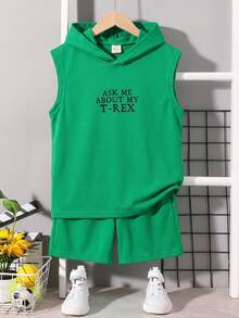 SHEIN 2件套男童绿色连帽恐龙印花休闲舒适背心套装 - 綠色 - 查看 1