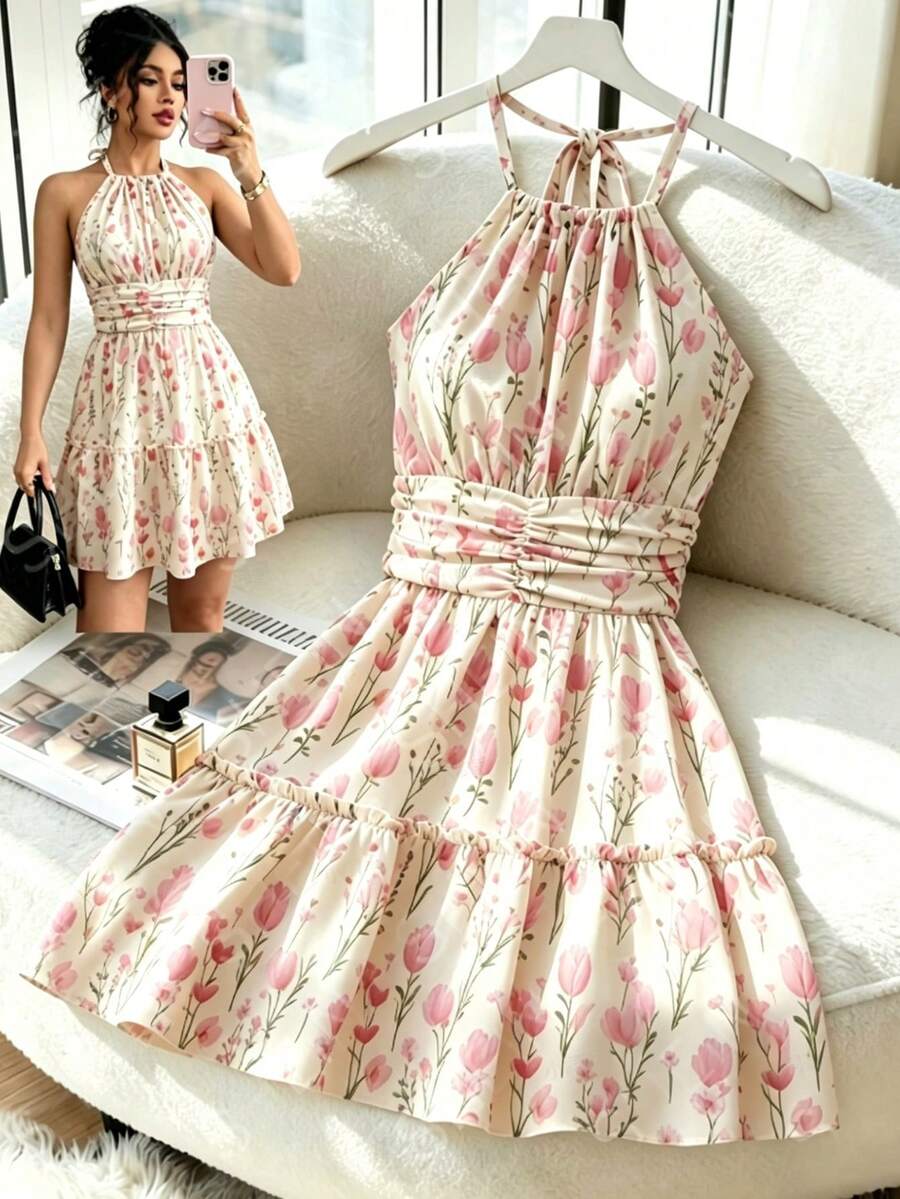 Rafferiza Women's Elegant Vacation Fashion Minimalist Versatile Halter Neck Short Dress, Spring/Summer - Baby Pink - View 1