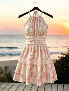 Rafferiza Women's Elegant Vacation Fashion Minimalist Versatile Halter Neck Short Dress, Spring/Summer - Baby Pink - View 5