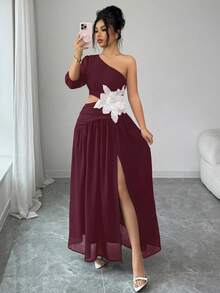 Selianne 女士不对称领口镂空碎花连衣裙 - 酒紅色 - 查看 7