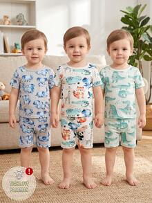 Bộ đồ ngủ 6 món ôm sát dành cho bé trai, với họa tiết cá mập đại dương, khủng long, tên lửa và hành tinh, chất liệu mềm mại và thoải mái, co giãn tốt, màu sắc tươi sáng và vui nhộn, phù hợp cho trẻ em. - Nhiều màu - Xem 3