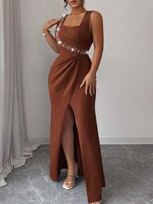 Elenzga Plus Size Sleeveless Square Neck Pearl Decor Waist Fitted Ruffle Slit Elegant Ladies Dress, Lightweight Cocktail Formal Party Mermaid Hem - Brown - View 3