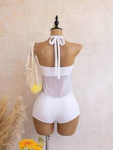 Bellisia French-Style Elegant Halter Neck Metallic Mesh-Paneled Resort-Style Two-Piece Swimwear Set - White - View 2