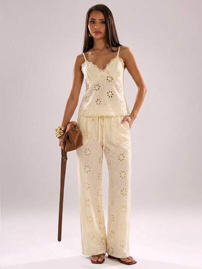 SHEIN BAE Quần dài cạp thấp bằng vải lanh màu vàng nhạt/màu mơ, quần đi biển, quần dài rộng rãi bằng vải lanh màu mơ thêu lỗ, quần thêu lỗ, quần mùa hè.