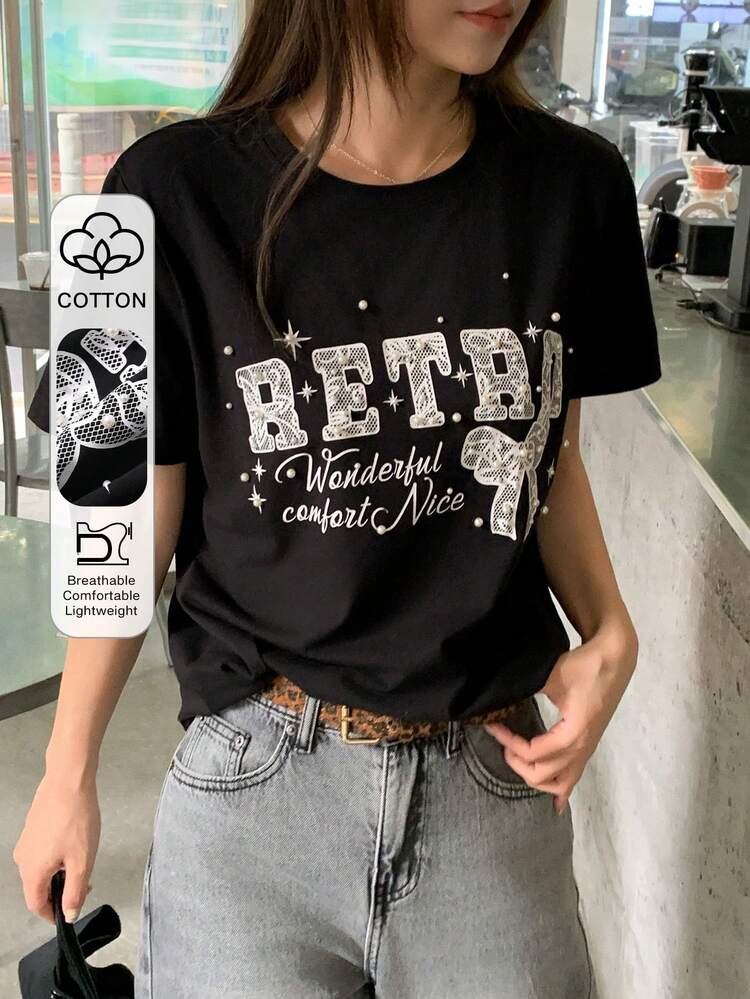 Women's Summer Round Neck Short Sleeve Letter Print Pearl Decor Casual Pullover T-Shirt